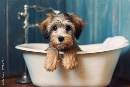 Cute dog showering in bath with shampoo foam. Washing pet. Created with Generative AI