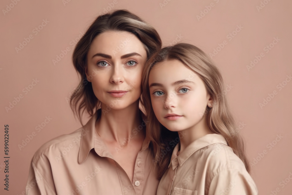 Cheerful woman and young girl looking at camera. Mother and daughter portrait on pink background. Good relationship between mom and child in the family. Created with Generative AI Cheerful woman and young girl looking at camera. Mother and daughter portrait on pink background. Good relationship between mom and child in the family. Created with Generative AI