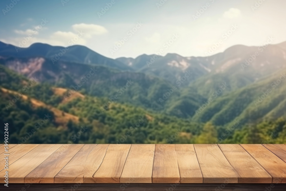 Empty wooden table with blurred mountain landscape background. Wooden planks with space for product design. Created with Generative AI Empty wooden table with blurred mountain landscape background. Wooden planks with space for product design. Created with Generative AI