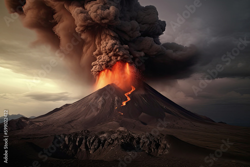 Volcano eruption. Lava flows out of the volcano crater. Natural disaster. Created with Generative AI