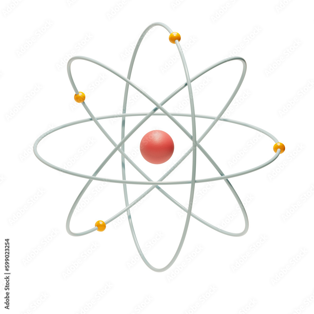 Atom particle with nucleus core, and electrons floating around it.3D illustration, isolated on a transparent background Atom particle with nucleus core, and electrons floating around it.3D illustration, isolated on a transparent background
