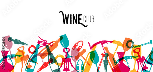 Multicolor wine club doodle vector design. Colorful kitchen elements on isolated white background. Use for wallpaper, decoration and wrapping paper.