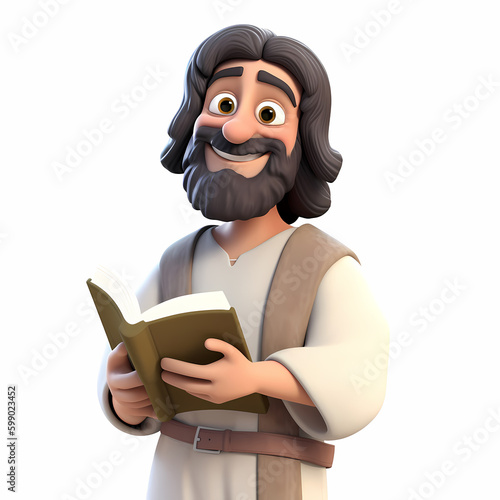 Happy 3d cartoon male character from the Old Testament holding a book.