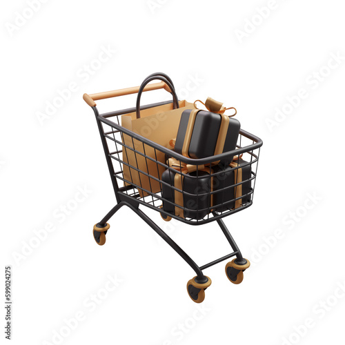 3D shopping cart. trolley with gift box illustration. black Friday element. 3d render illustration