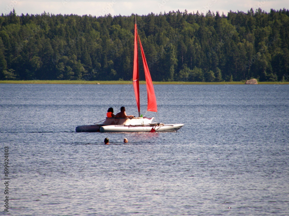 Fototapeta premium Catamaran with a red sail on the lake against the backdrop of the forest. Leningrad region, Russia.