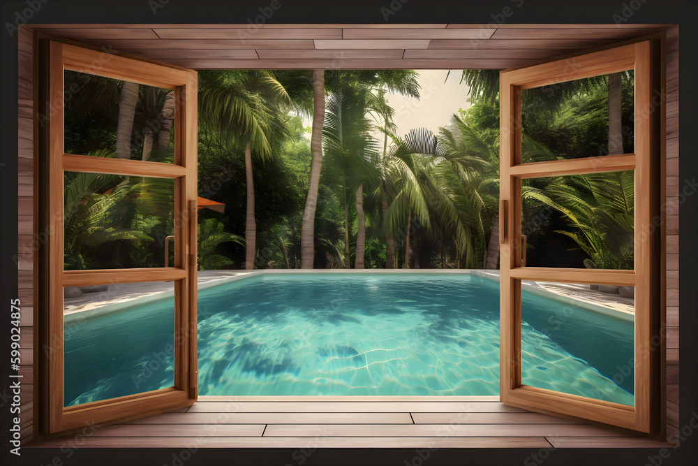 Window view of tropical garden with swimming pool, Generative AI 3
