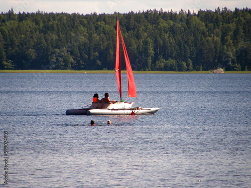 Catamaran with a red sail on the lake against the backdrop of the forest. Leningrad region, Russia.