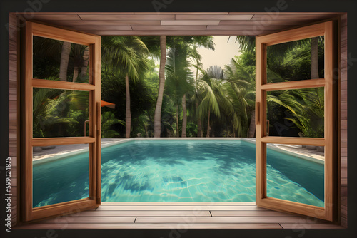 Window view of tropical garden with swimming pool, Generative AI 3 © Alina