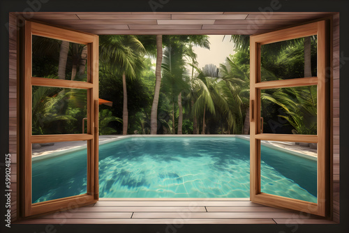 Window view of tropical garden with swimming pool  Generative AI 3