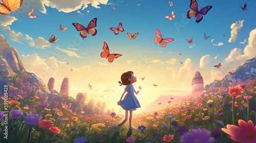 Girl with butterflies in the meadow. Generative AI.