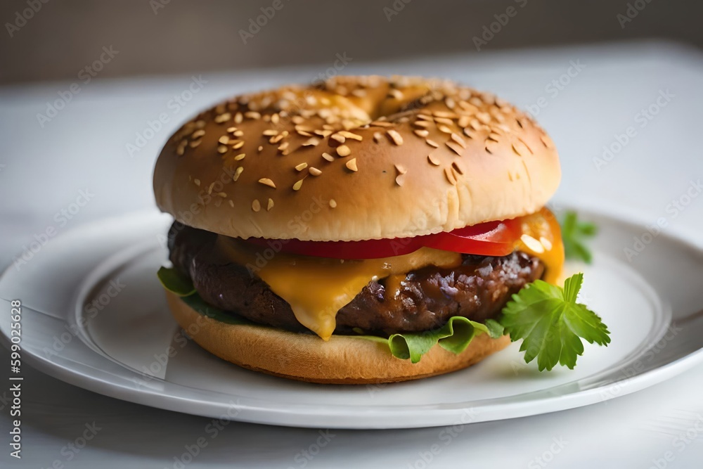 A delicious cheeseburger, topped with lettuce, tomato, onion, and melted cheese, served on a sesame seed bun with a side of fries. generated by AI