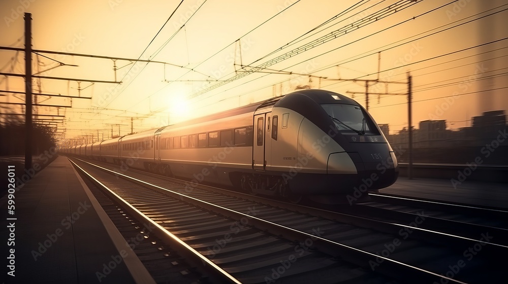Fototapeta premium High speed train silhouette in motion at sunset. Fast moving modern passenger train on railway platform Generative AI