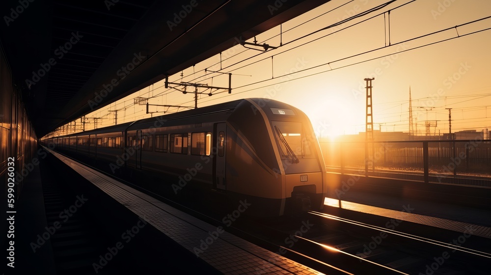 High speed train silhouette in motion at sunset. Fast moving modern ...
