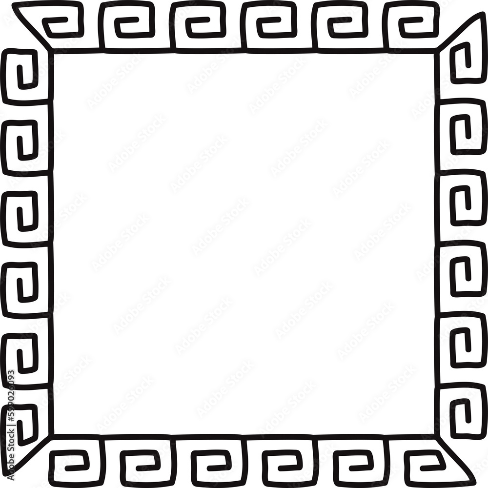 Square frame with seamless greek meander pattern. Decorative borders constructed from continuous lines, shaped into repeated motif. Hand drawn doodle illustration