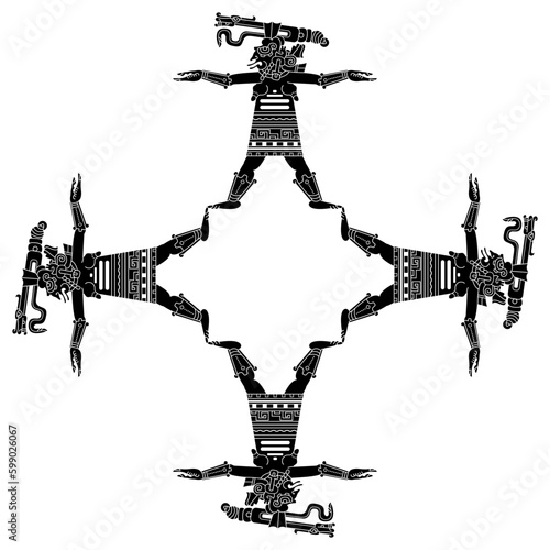 Square cross shape ethnic frame with ancient Mayan goddess with serpent on her head. Codex design. Indigenous Native American art. Black and white silhouette.