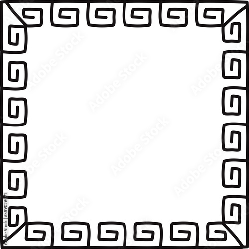 Square frame with seamless greek meander pattern. Decorative borders constructed from continuous lines, shaped into repeated motif. Hand drawn doodle illustration