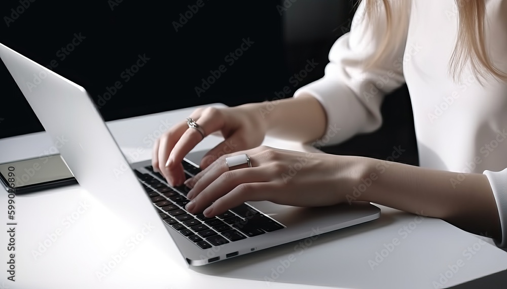 Naklejka premium Woman hands typing on computer keyboard closeup, businesswoman or student using laptop at home, online learning, internet marketing, working from home, office workplace freelance concept