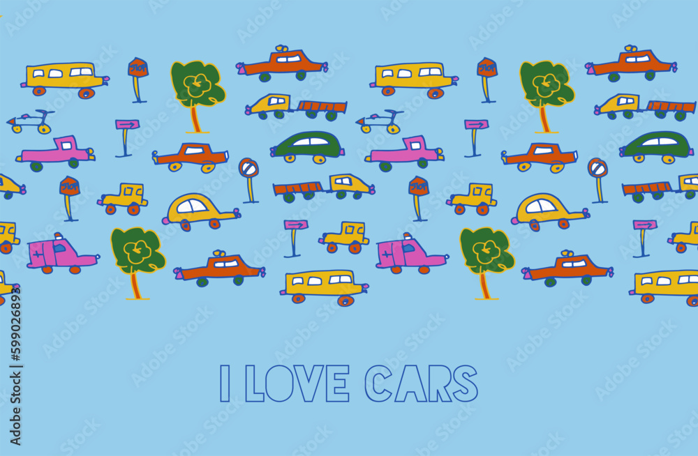 Fototapeta premium I love cars fun children doodle. Seamless pattern banner design.