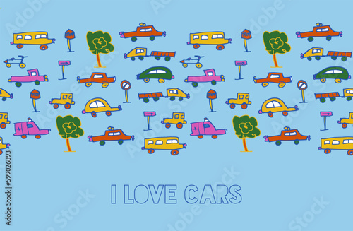 I love cars fun children doodle. Seamless pattern banner design.