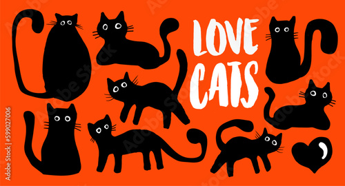 Black cats doodle on orange background banner design
