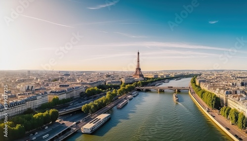 Paris aerial panorama with river Seine and Eiffel tower, France. Romantic summer holidays vacation destination. Panoramic view above historical Parisian buildings and landmarks with blue sky and sun © Eli Berr