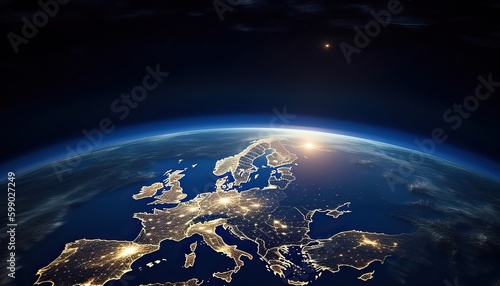 Planet Earth viewed from space with city lights in Europe. World with sunrise. Conceptual image for global business or European communication technology, elements from NASA