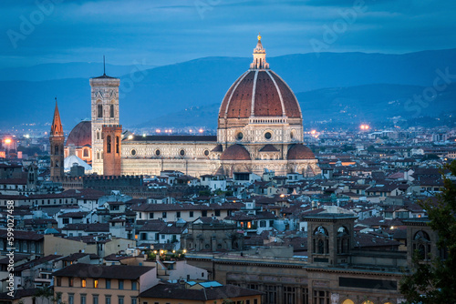 Florence, Italy and the Cathedral Santa Maria seen from the Piazzale Michelangelo at dusk