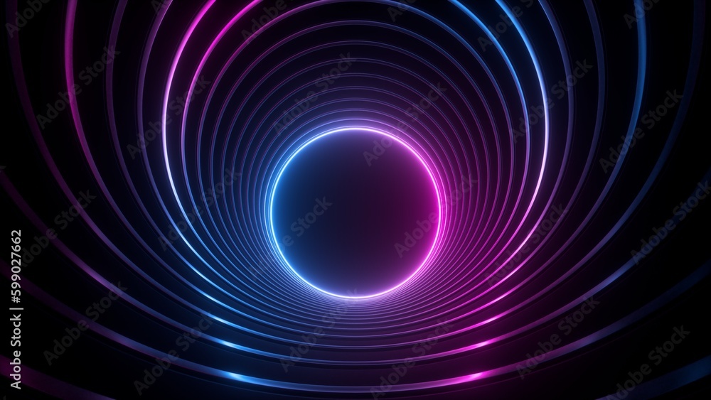 3d render, abstract geometric background with glowing neon ring at the end of the virtual round tunnel 3d render, abstract geometric background with glowing neon ring at the end of the virtual round tunnel