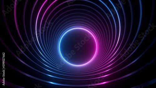 Fototapeta Naklejka Na Ścianę i Meble -  3d render, abstract geometric background with glowing neon ring at the end of the virtual round tunnel