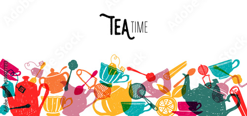 Tea time colorful banner on white background design