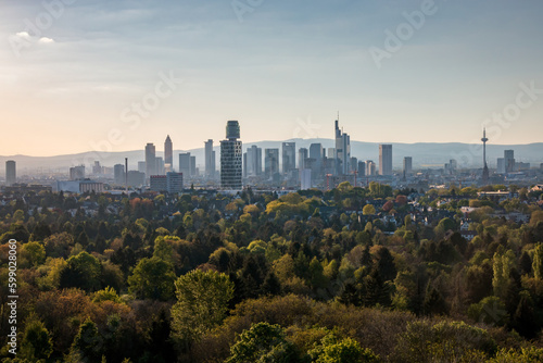 Cityscape with skyline of Frankfurt am Main seen from top of Goethetower which burned down completely after a fire in 2017