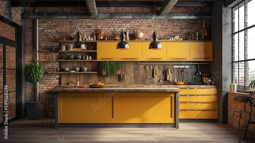 Wall mockup in loft, kitchen in industrial style. Generative Ai