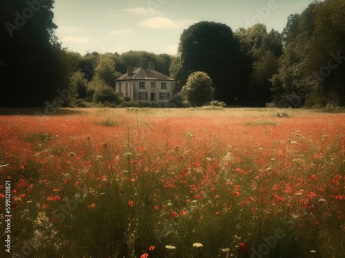 a field of poppies by the water with a home behind Generative Ai