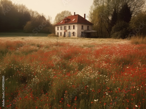 a field of poppies by the water with a home behind Generative Ai