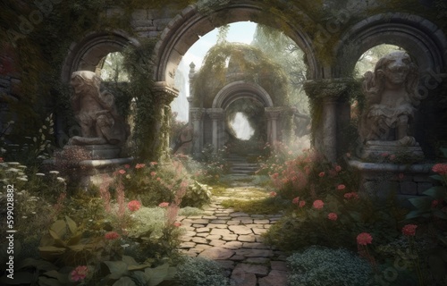 the entrance to kingdom garden with beautiful flowers Generative Ai © Cherish