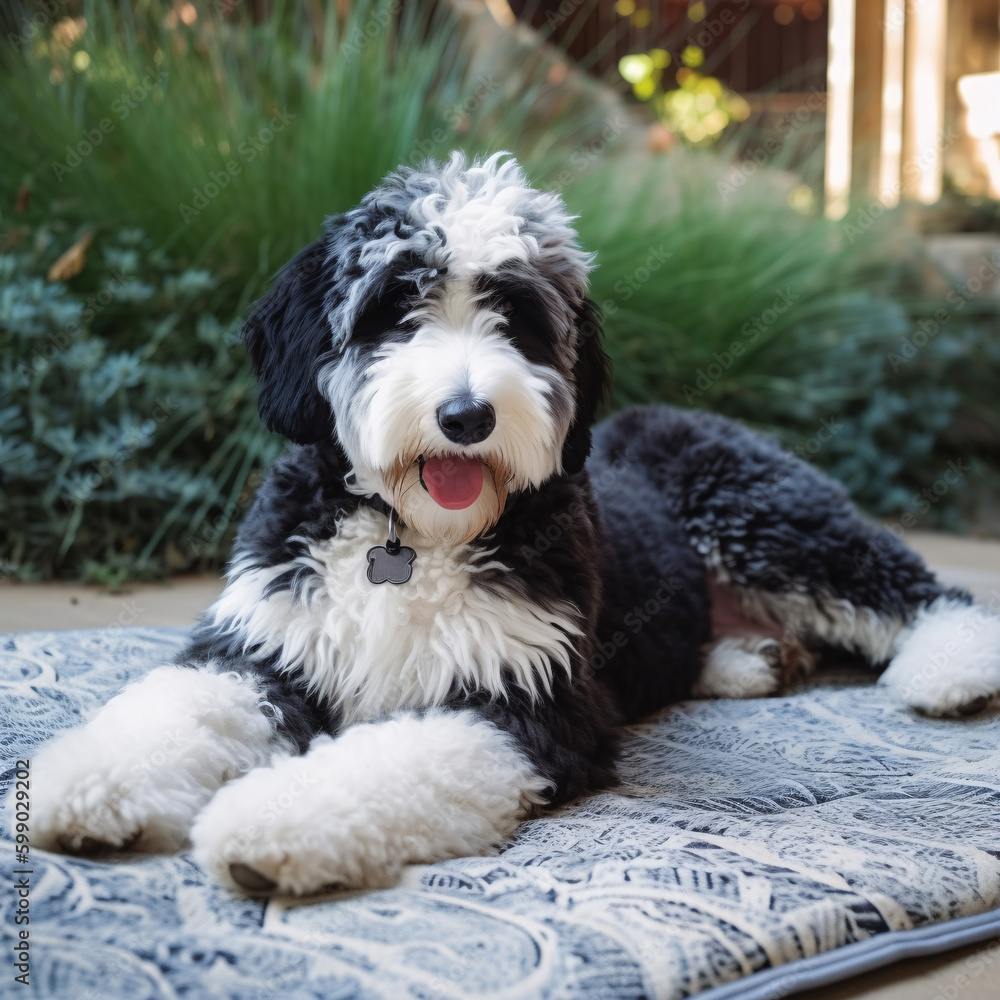 Black and white sheepadoodle laying on the back patio Black and white sheepadoodle laying on the back patio