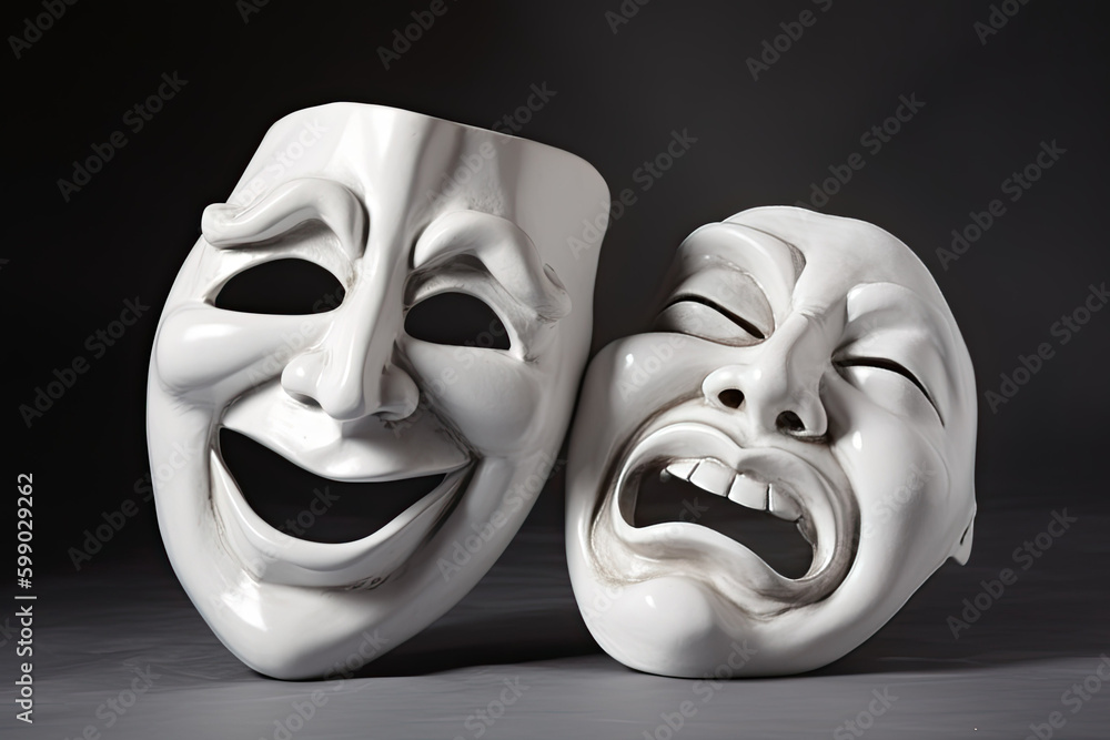 Illustration of comedy and tragedy theatrical masks on black background. Generative AI - obrazy, fototapety, plakaty 