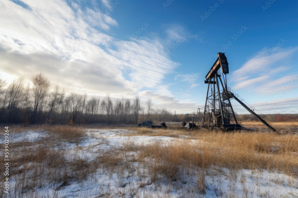 Abandoned old oil drilling well in the steppes. Generative AI Abandoned old oil drilling well in the steppes. Generative AI