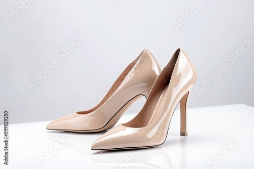 A pair of leather shoes, beige pumps on white background. Fashionable, stylish, women's shoes. Generative AI
