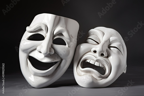Illustration of comedy and tragedy theatrical masks on black background. Generative AI