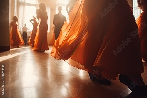 Close-up of an orange dress and girl's legs at ballroom dancing lessons. Generative AI photo