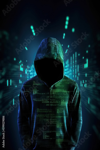 Unknown hacker on cyber background. Internet, cyberspace and data security concept. Generative AI.