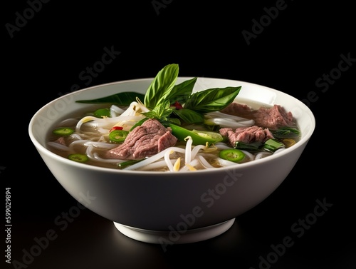 bowl of pho soup with thinly sliced beef, bean sprouts, and basil leaves