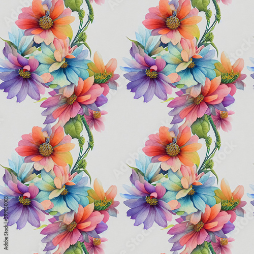 Seamless watercolor style flowers pattern. Decorative floral repeat background. Generative AI