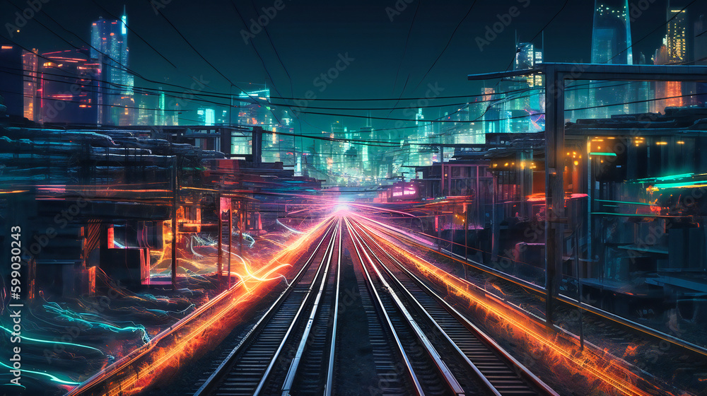 Dark Digital Cityscape Along High-Speed Rail Tracks