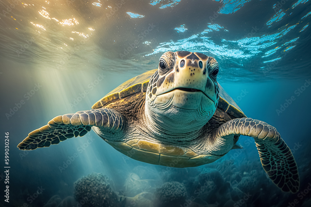 Fototapeta premium Close up of a sea turtle underwater. Endangered wildlife and ocean ecosystem concept. Generative AI