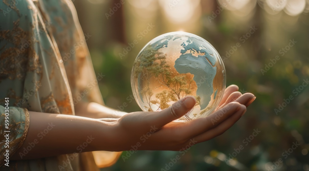 person holding an earth globe to represent earth as a living planet with tree and butterfly in the middle Generative Ai person holding an earth globe to represent earth as a living planet with tree and butterfly in the middle Generative Ai