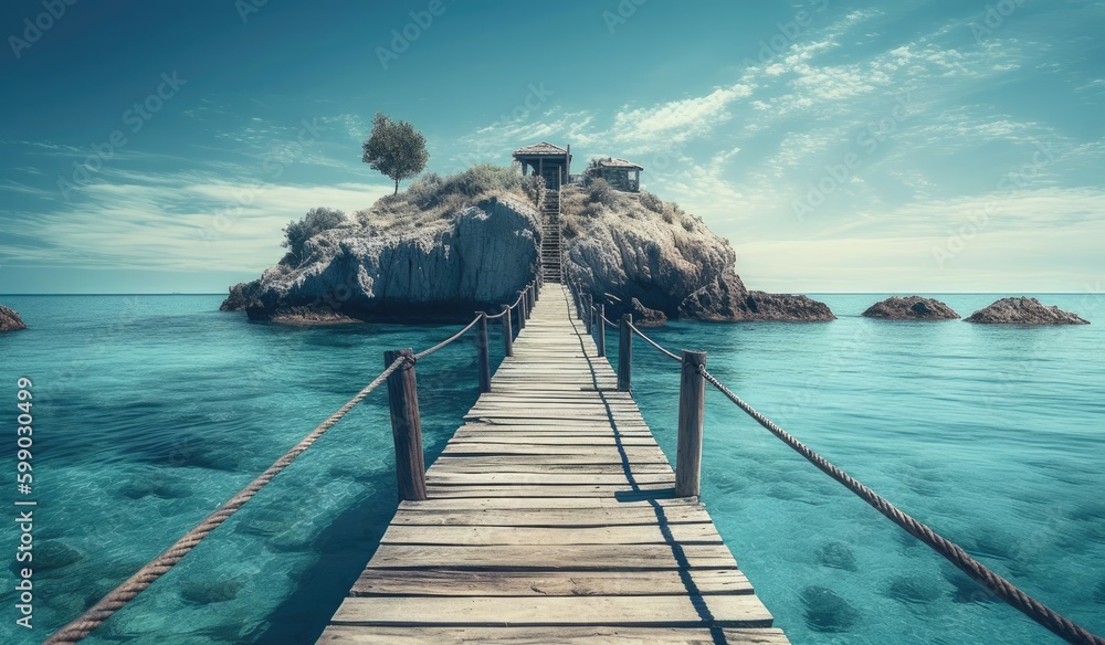 Fototapeta premium a wooden bridge that leads over a small island to the sea Generative Ai