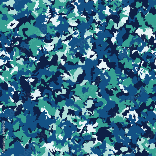 Seamless Blue military camouflage pattern. Abstract geometric design. Graphic textile texture. Vector illustration for textile, wrapping, continuous print, and web.