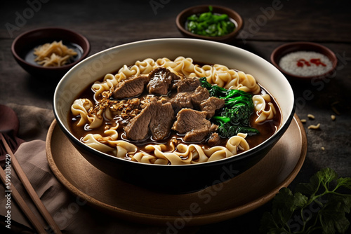 Spicy red soup beef noodle in a bowl on wooden table
